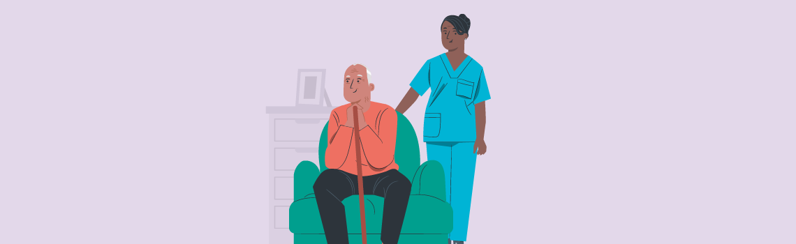 Nurse standing by man sitting in a chair